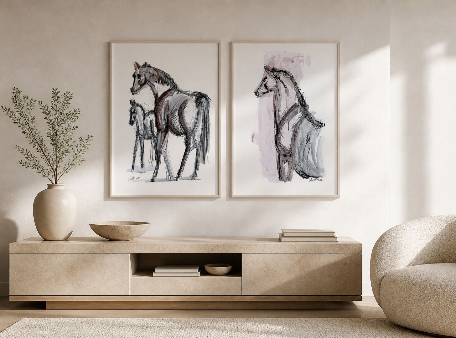 Cavalla con puledro e cavallo che guarda lontano